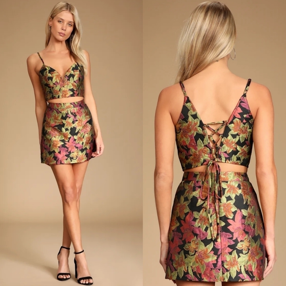 Lulus Island Nights Green Multi Floral Jacquard Two-Piece Mini Dress S Wedding